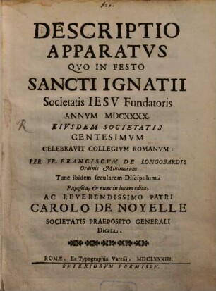 Descriptio apparatus ... in festo S. Ignatii 1640