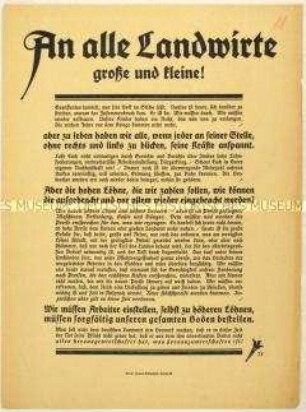 Aufruf an Landwirte zur Anstellung von Arbeitern im Zuge der Revolution 1918/1919
