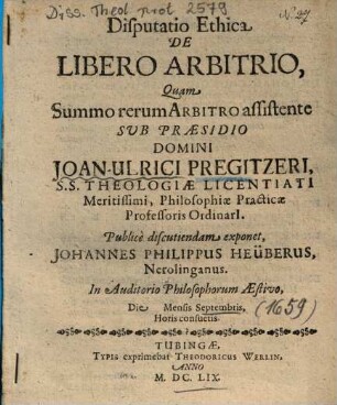 Disputatio Ethica De Libero Arbitrio