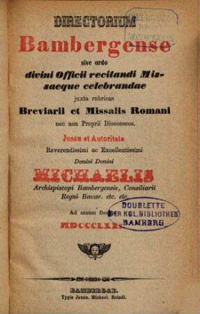 Directorium Bambergense sive ordo divini officii recitandi missaeque celebrandae : juxta rubricas breviarii et missalis Romani ... 1871, 1871
