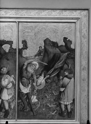 Barbara-Altar — Szenen aus dem Leben der heiligen Barbara — Dioskuros zieht Barbara aus ihrem Versteck