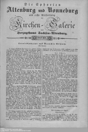 Localadjunctur und Parochie Gösnitz (Beschluß), Niederwiera, Röhrsdorf, Neukirchen, Die Ephorie Ronneburg (Beschluß), Die Stadt und Parochie Ronneburg : 60. Lieferung