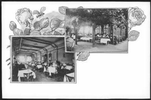 Marienbad. Café-Restaurant Miramonti : Marienbad. Café und Restaurant Miramonti am Hotel Miramondi (Kurhaus Miramonte in Úšovice) mit Kaffeehausgarten. Postkarte mit Kaffee-Salon und Kaffee-Veranda