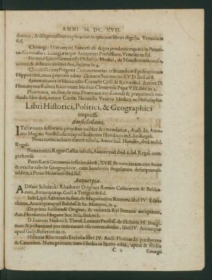 Libri Historici, Politici & Geographici impressi.