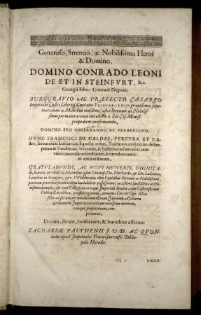 Generoso, Strenuo, ac Nobilissimo Heroi & Domino, Domino Conrado Leoni De Et In Steinfurt [...]