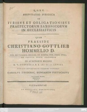 Dispvtatio Ivridica De Ivribvs Et Obligationibvs Praefectorvm Saxonicorvm In Ecclesiasticis