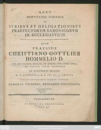 Dispvtatio Ivridica De Ivribvs Et Obligationibvs Praefectorvm Saxonicorvm In Ecclesiasticis