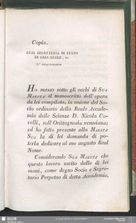 Copia. Real Segreteria Di Stato Di Casa Reale, ec. 3.e Ripartimento