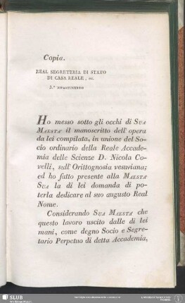 Copia. Real Segreteria Di Stato Di Casa Reale, ec. 3.e Ripartimento