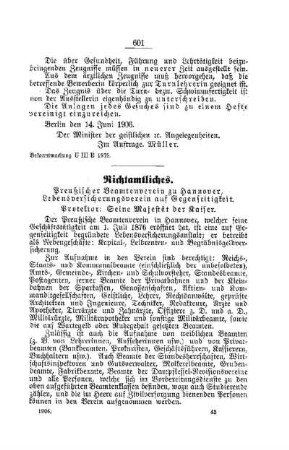Preußischer Beamtenverein zu Hannover, Lebensversicherungsverein auf Gegenseitigkeit. Protektor: Seine Majestät der Kaiser : [Nichtamtliches]