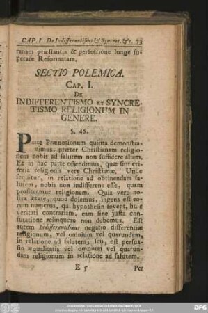 Cap. I. De Indifferentismo Et Syncretismo Religionum In Genere.