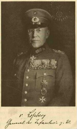 Fritz von Loßberg, General der Infanterie, Kommandeur des XIII Armeekorps in Uniform, Mütze mit Orden u. a. pour le mérite, Brustbild in Halbprofil