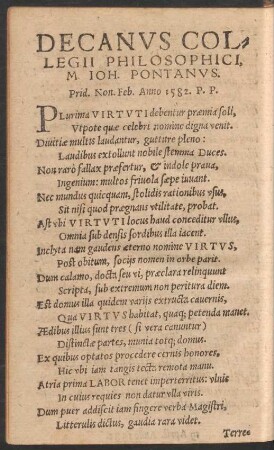 Decanus Collegii Philosophici, M. Ioh. Pontanus.