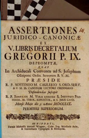Assertiones canonicae, ex lib. ... decretalium Gregorii Papae IX., V