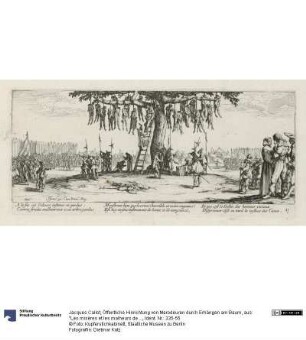 Öffentliche Hinrichtung von Marodeuren durch Erhängen am Baum, aus: "Les misères et les malheurs de la guerre"