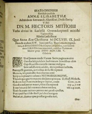 Beato Discessui [...] Annæ Elisabethæ Admodum Reverendi, Clarissimi, Doctissimique Viri Dn. M. Hectoris Mithobii [...]