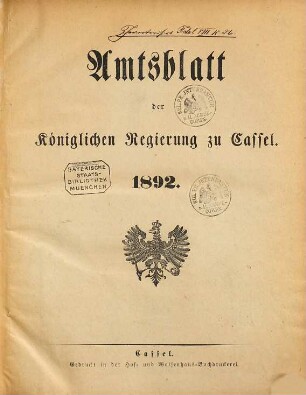 Amtsblatt der Regierung in Kassel. 1892