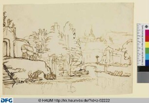 Stadtlandschaft mit Fluss und Reisewagen