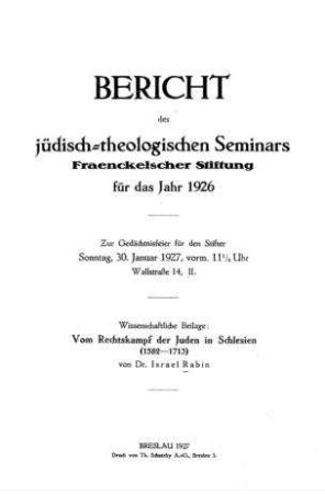 Vom Rechtskampf der Juden in Schlesien (1582 - 1713) / von Israel Rabin