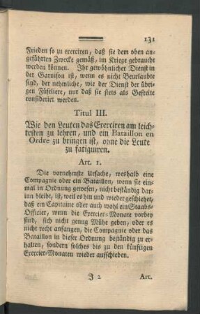 Titul III. Wie den Leuten das Exerciren am leichtesten zu lehren, und ein Bataillon en Ordre zu bringen ist, ohne die Leute zu fatiguiren