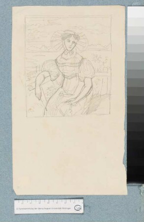 Skizze zum Bildnis einer Frau mit Haube vor Lanschaft mit Bergen und See
