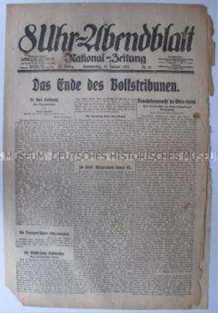 Abendzeitung "8Uhr-Abendblatt" zum Mord an Karl Liebknecht und Rosa Luxemburg (Schlagzeile: "Das Ende des Volkstribunen")