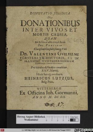 Disputatio Iuridica de Donationibus Inter Vivos Et Mortis Caussa