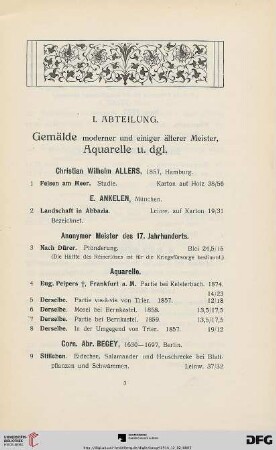 Gemälde moderner und einiger älterer Meister, Aquarelle u. dergl. (Nr. 1-160)