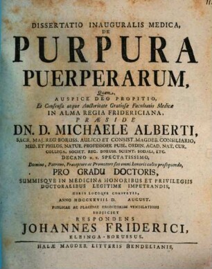 Dissertatio Inauguralis Medica, De Purpura Puerperarum