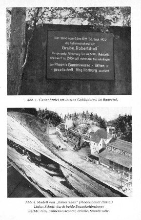 Abb. 4. Modell von "Robertshall" (Modellbauer Hartel) Links: Schnitt durch beide Braunkohlenlager Rechts: Silo, Kohlenwäscherei, Brücke, Schacht usw.