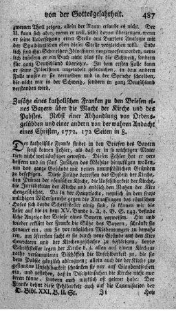 Zusätze eines katholischen Franken zu den Briefen eines Bayern über die Macht der Kirche und des Pabstes.
