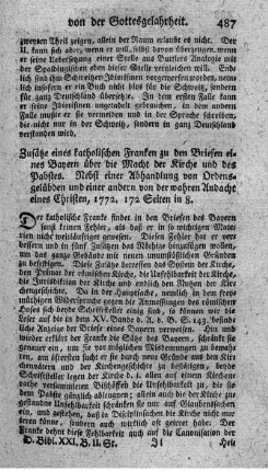 Zusätze eines katholischen Franken zu den Briefen eines Bayern über die Macht der Kirche und des Pabstes.