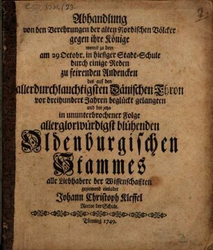 Abhandlung von den Verehrungen der alten Nordischen Völker gegen ihre Könige