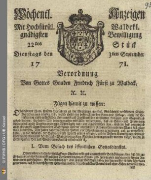 22tes Stück, Dienstags den 3ten September 1771