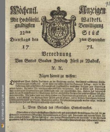 22tes Stück, Dienstags den 3ten September 1771