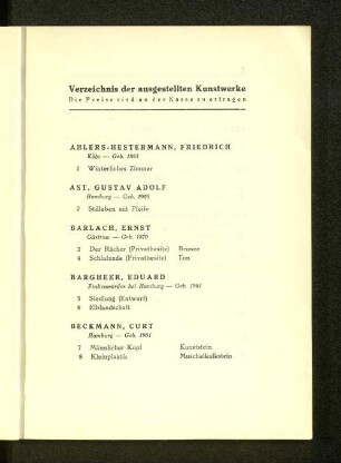 Verzeichnis der ausgestellten Kunstwerke