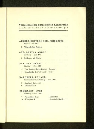 Verzeichnis der ausgestellten Kunstwerke