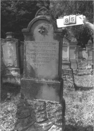 Grabstein 85 (Index: 99609721) Material: Sandstein Zustand: verwittert Maße HxBxT: 183x61x28 cm Beschreibung: Stele, eingezogener Rundbogenabschluß mit Verdachung, Mittelplamette, getreppter Sockel, unten Rusticaimitat Symbolik: Stern: Grabstein 85