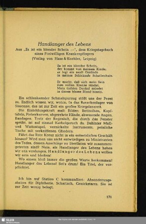 Handlanger des Lebens : Aus „Es ist ein blonder Schein -", dem Kriegstagebuch eines Freiwilligen Krankenpflegers