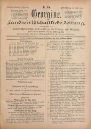 Zweiundsechzigster Jahrgang. No. 21. Insterburg, 24. Mai 1894.
