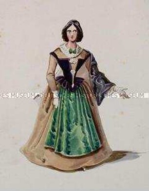 Frau im braunen Kleid mit grüner Schürze und violettem Mieder - Tafel aus Franceschini/Kostümbilder (Kassette 2)