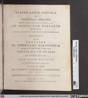 Clavdii Lysiae Epistola Et Tertvlli Oratio Actor. XXIII, XXV - XXX, et XXIV, I - VIII Ad Disciplinam Rhetorvm Exactae