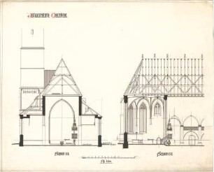 Dolmetsch, Heinrich; Crailsheim; Ev. Johanneskirche, Restaurierung - Schiff (Querschnitt); Ostteile der Kirche (Längsschnitt)