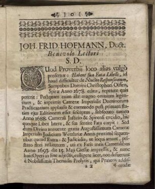 Joh. Frid. Hofmann, Doct. Benevolo Lectori.
