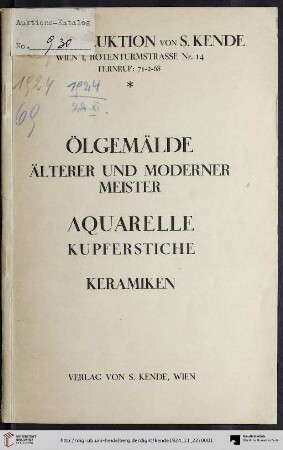 Ölgemälde hervorragender alter und moderner Meister, Aquarelle, Kupferstiche, Schabkunstblätter, Karikaturen, Keramiken u. einige Antiquitäten aus Privatbesitz : Versteigerung: Samstag, den 22. November 1924 (Katalog Nr. 69)