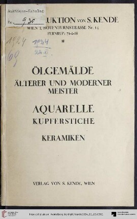 Ölgemälde hervorragender alter und moderner Meister, Aquarelle, Kupferstiche, Schabkunstblätter, Karikaturen, Keramiken u. einige Antiquitäten aus Privatbesitz : Versteigerung: Samstag, den 22. November 1924 (Katalog Nr. 69)