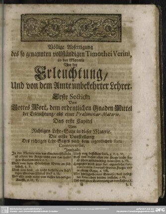 Erste Section Von Gottes Wort, dem ordentlichen Gnaden-Mittel der Erleuchtung, als einer Praeliminar-Materie