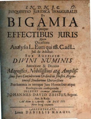 Disquisitio juridica inauguralis de bigamia ejusque effectibus juris
