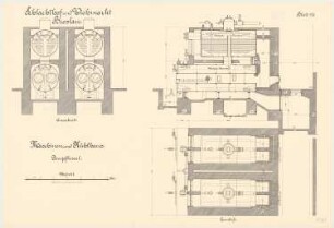 Schlachthof und Viehmarkt, Breslau Maschinen- und Kühlhaus: Dampfkessel: Grundriss Querschnitt Längsschnitt 1:25