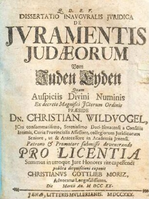 Dissertatio inavgvralis jvridica de jvramentis Judaeorum = Vom Juden Eyden